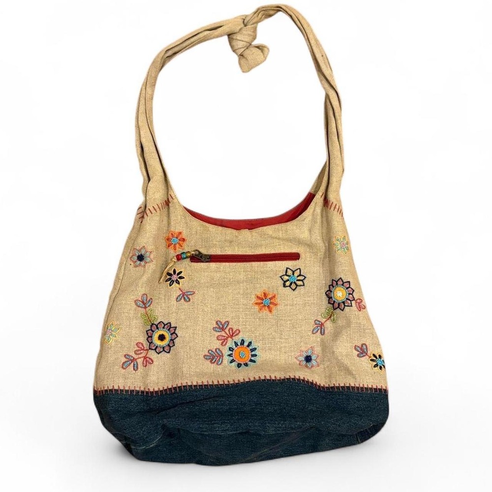Beaded Floral Embroidered Hobo Shoulder Bag Boho Denim Bottom Tote Tan Multi